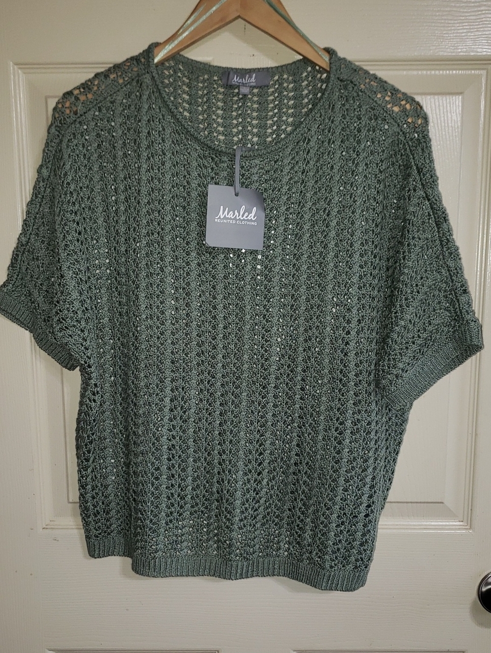Marled United Clothing Sage Green Open-Knit Short Sleeve Crew Sweater
